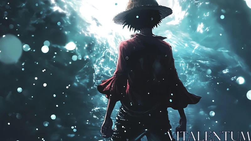 Silhouetted boy in straw hat facing bright ocean light.