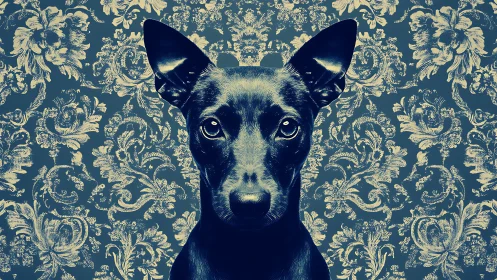 Canine portrait centered on ornate floral patterned wall.