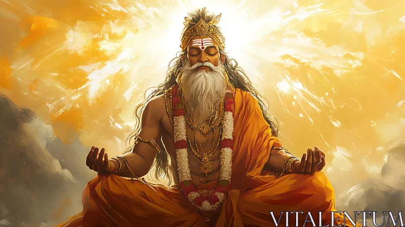 Radiant saffron-robed sage meditating in luminous golden aura