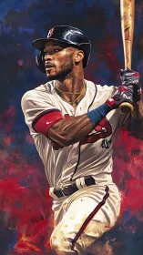 Power hitter swings bat across vivid abstract background.