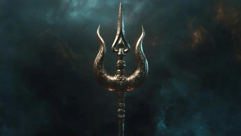 Ornate metallic trident rendered in atmospheric volumetric light.