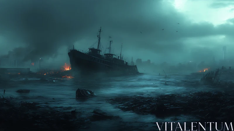 Storm-dark harbor reveals a lonely wreck aglow with embers