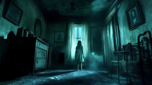 Ghostly girl confronts eerie light in abandoned bedroom.