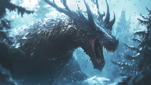 Glacial dragon roars through frosted conifer forest panorama.