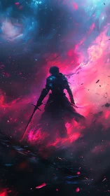 Lone swordsman framed by swirling neon storm sky.