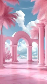 Chromatic neoclassical colonnade in pastel vaporwave skyscape.
