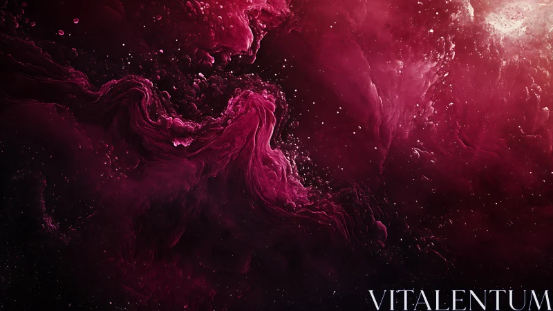 Deep red fluid structures form swirling abstract cloud field