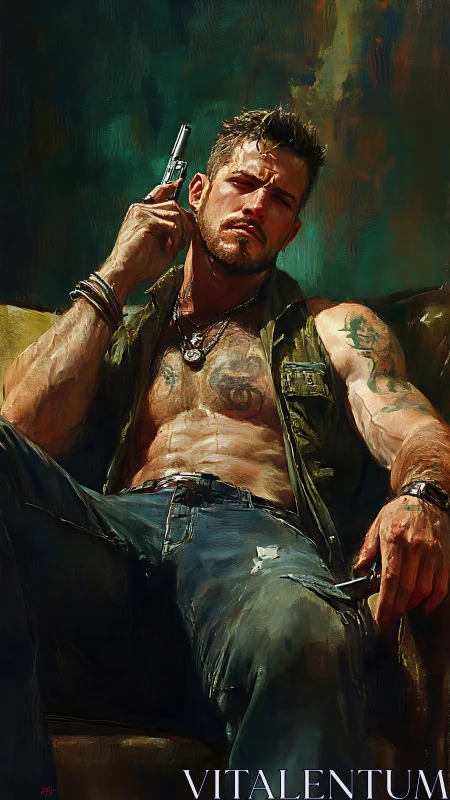Brooding tattooed tough guy rests with gun in moody light