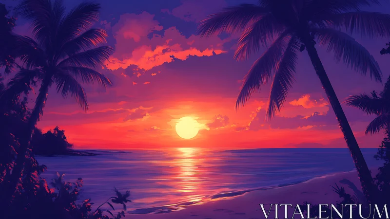 Coastal horizon with palm silhouettes at red orange sunset.