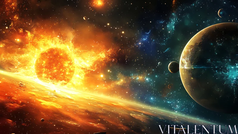 Blazing newborn star pours golden fire across deep space