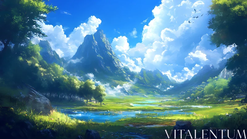 Digital landscape shows mountains, valley, trees and clouds