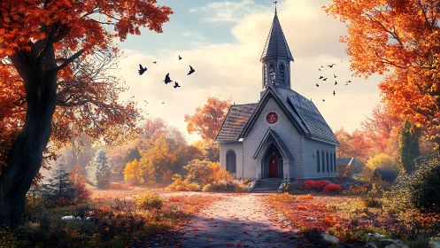 Autumn woodland chapel under warm cinematic sunlight glow.