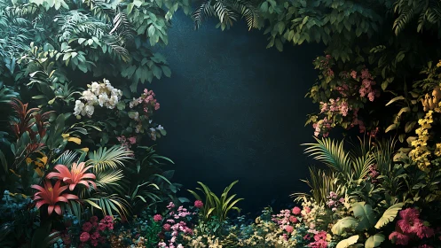 Twilight Garden Frame: Luminous Botanical Composition Against Deep Teal Background