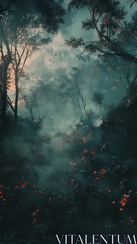 Forest landscape with smoke and active fire in dense vegetation.