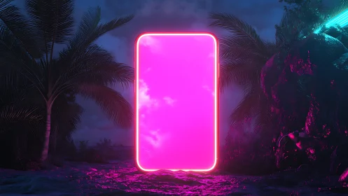 Neon rectangular portal structure in tropical night landscape.