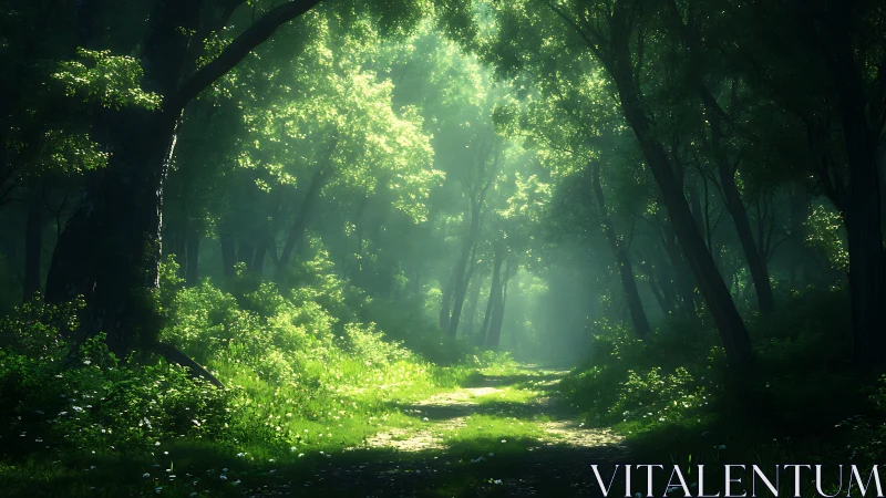 Luminescent Forest Canopy with Volumetric Light Rays Through Dense Arboreal Corridor
