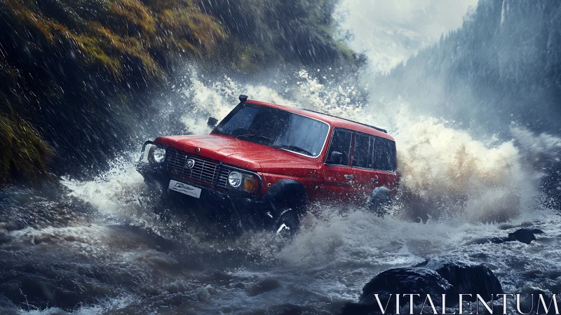 Red off-road SUV fording turbulent mountain river in rain