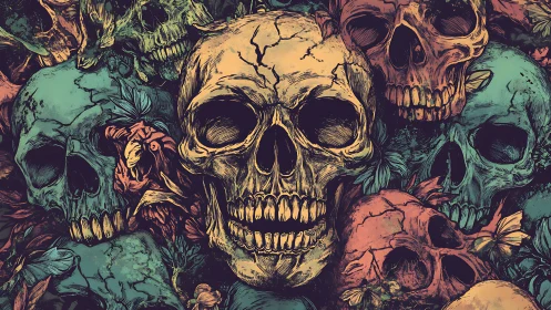 Colorful skull garden weaving beauty through decay.