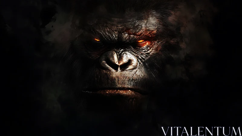 Fiery-eyed gorilla face emerging from dark shadows.