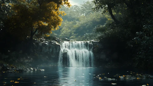 Tranquil forest waterfall spills into a misty blue pool.