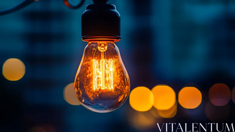 Illuminated filament bulb with blurred urban background.
