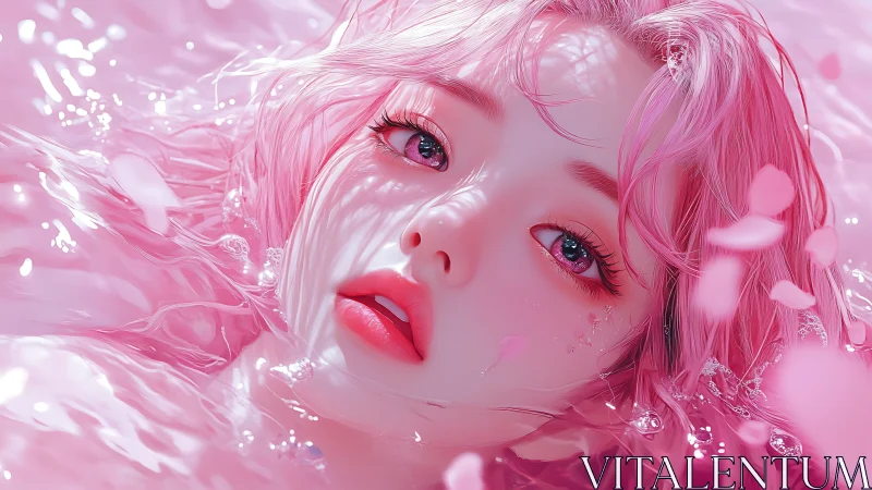 Pink-haired girl in glittering petal-filled water closeup.
