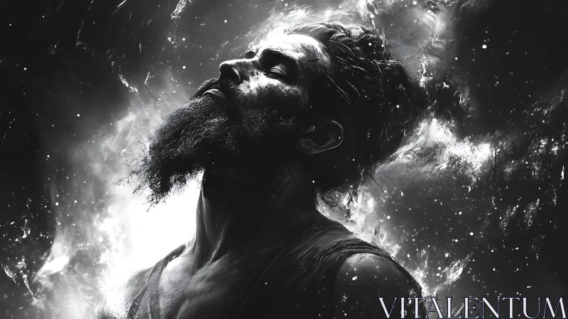 Starlit warrior dissolving into cosmic monochrome storm.