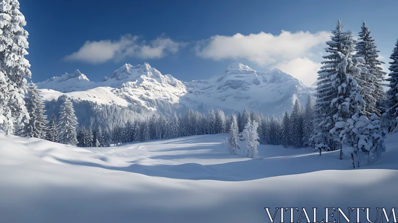 Snowy alpine valley rests beneath bright winter mountains