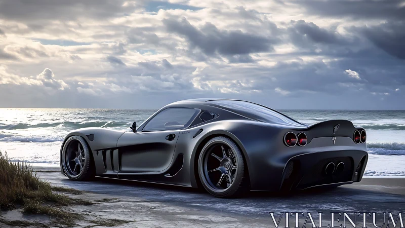 Midnight supercar prowls a storm-lit shoreline in matte shadow.