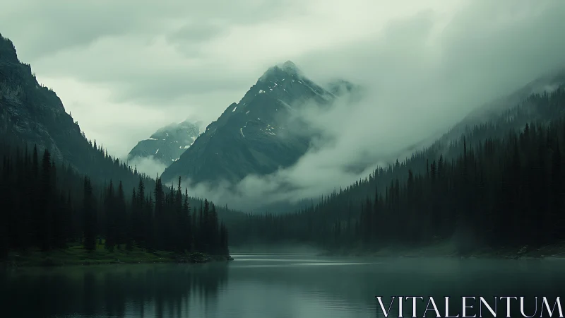 Mist-draped mountains whisper over a glassy emerald lake