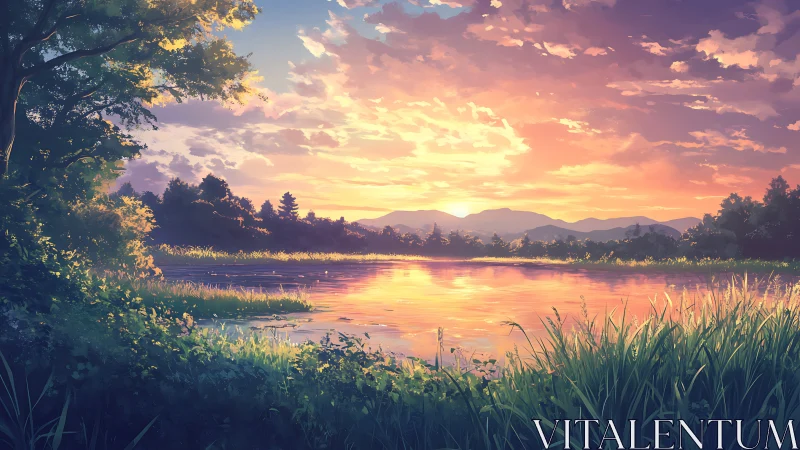 Sky-drenched sunset paints a quiet lakeshore in molten color