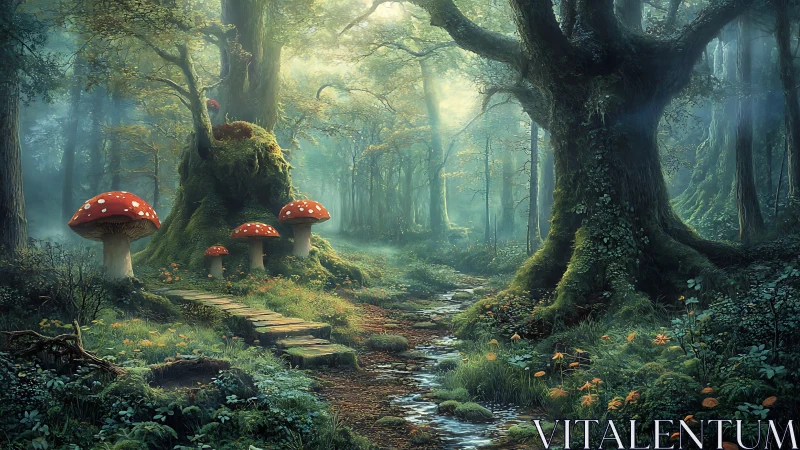 Ancient Forest Path with Red Mushrooms