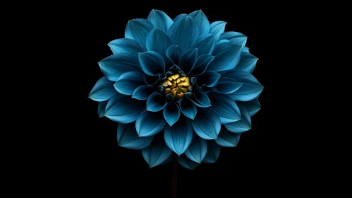Blue Dahlia Bloom Against Black with Golden Center.