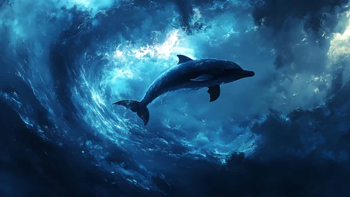Solitary dolphin swimming inside swirling blue ocean vortex.