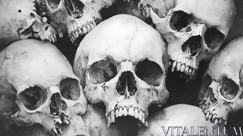 Clustered human skulls rendered in monochrome detail.