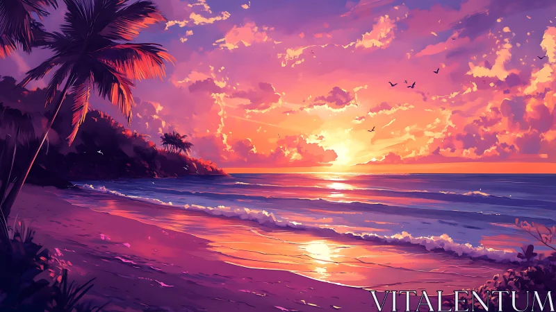 Tropical shoreline sunset with palm trees and calm waves.