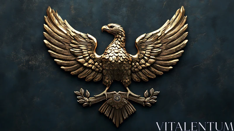 Gilded heraldic eagle relief with symmetric ornamental wings.