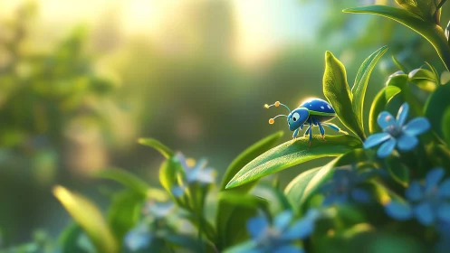 Cartoon blue ladybug rests on dewy leaf in soft bokeh garden
