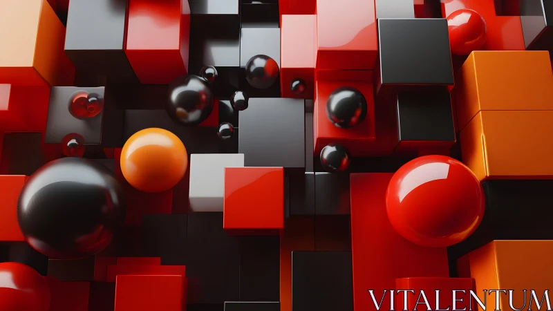 3D geometric abstraction in red, black and orange gloss blocks.