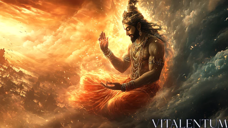 Seated mythic figure in fiery clouds above distant cityscape.