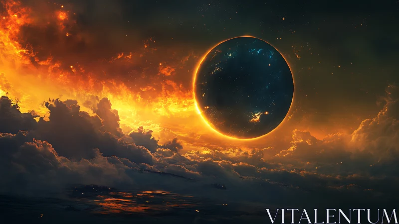 Stellar eclipse over luminous cloudscape with molten corona glow