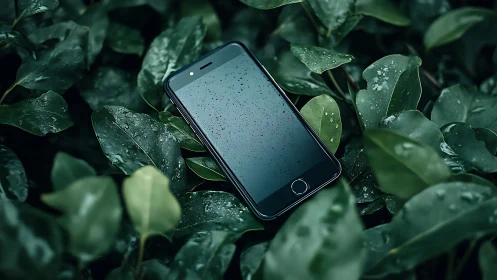 Smartphone resting on wet foliage with water droplets.