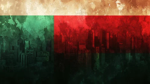 Painted tricolor skyline quietly drowns in urban shadows