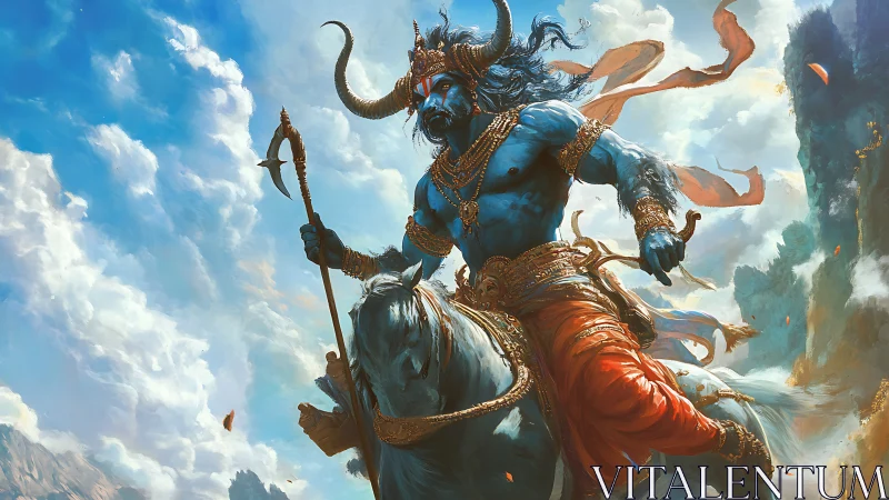 Blue-skinned horned rider holds spear while mounted on horse