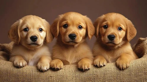 Three golden retriever puppies in a burlap basket, posing.