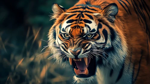 Snarling tiger close-up with sharp teeth and intense gaze.