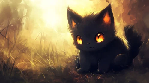 Enchanting Black Kitten with Glowing Golden Eyes in Mystical Light