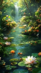 Lush forest creek with lotus-covered water surface and cascade