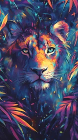 Neon jungle lion glowing with quiet, electric courage.