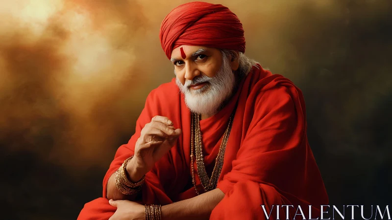 Crimson-robed sage in golden haze, eyes alight with quiet wisdom.